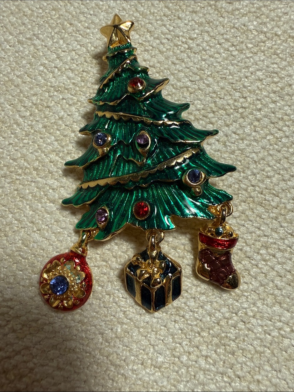 Christopher Radko Green Enamel Christmas Tree Brooch with Red and Blue Accents